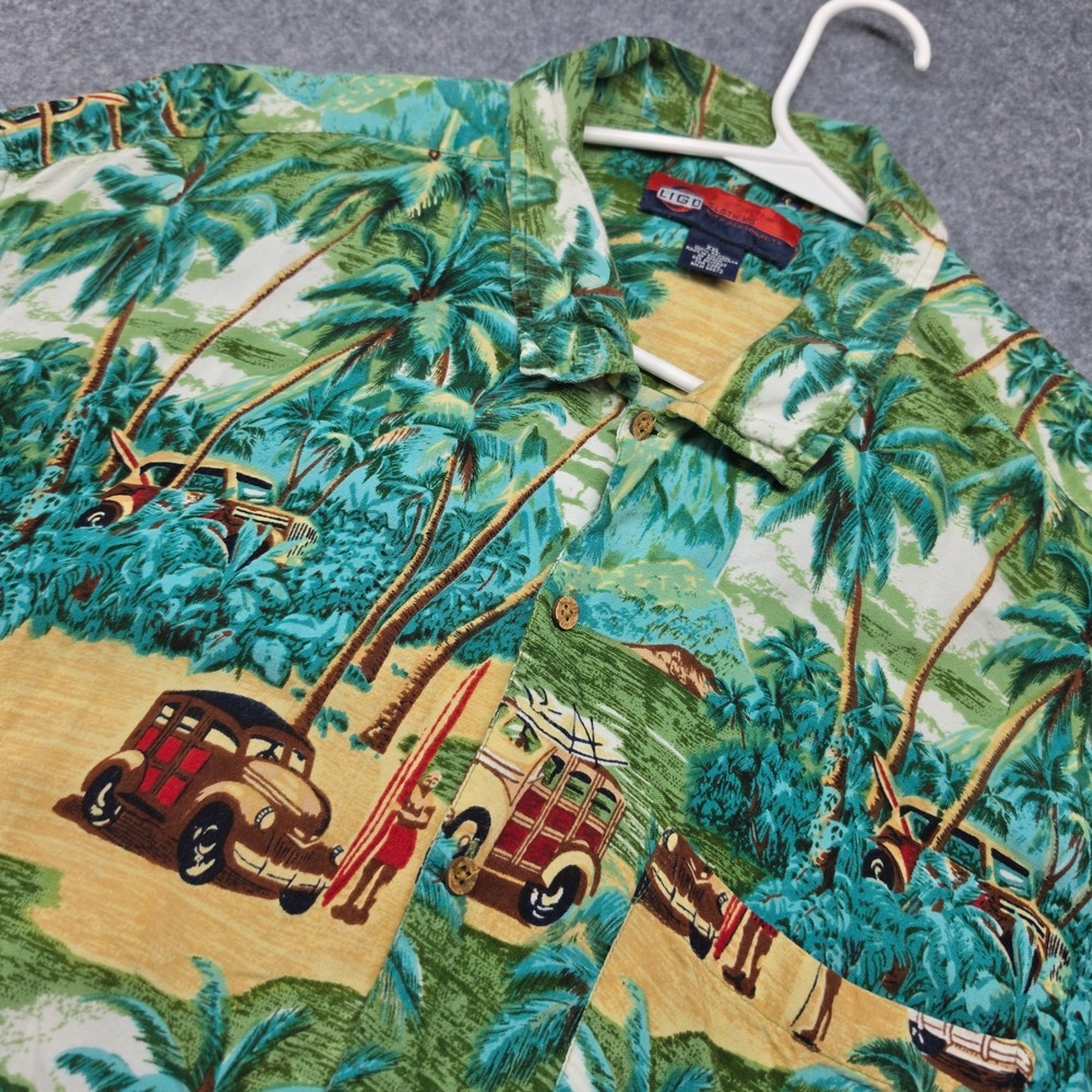 Ligo Clothing Mens XXL Rayon Hawaiian Shirt Tropical Woody Car Surfboard Green